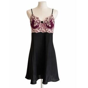 VTG Cinema Etoile Lace Babydoll Slip Dress L Black Satin Coquette Fairycore